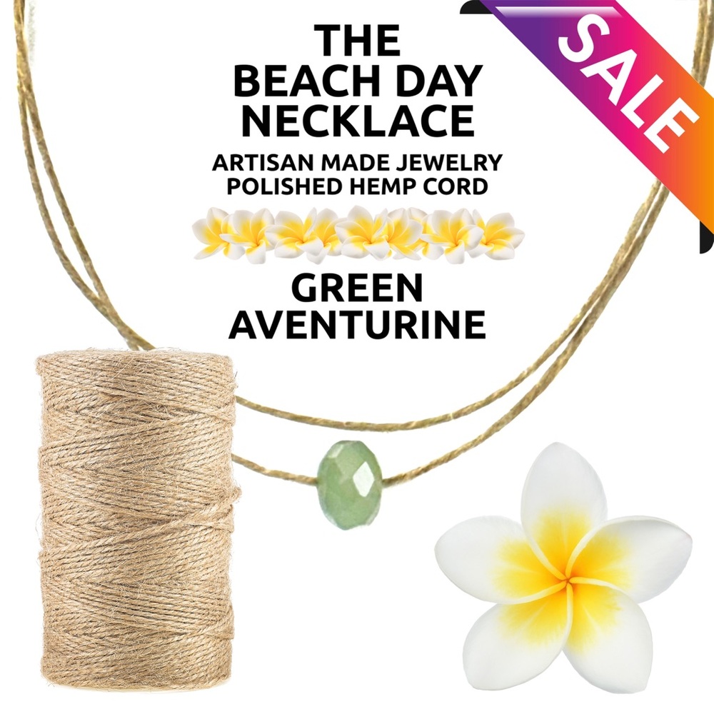 Island Sunset Artisan Beach Day Hemp Necklace-Green Aventurine Slider 10mm